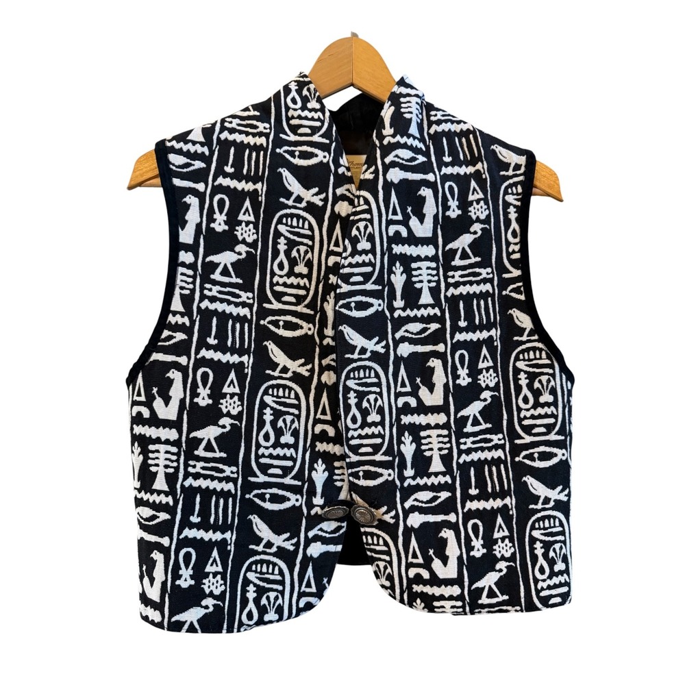 Vtg Black/White Wmns Leather Trim M Wearable Art Egyptian/Hieroglyph Print Vest